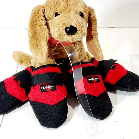 4 pcs Polar Paws Red Fleece Black Canvas Velcro Strap Dog Boots Mittens Booties - Picture 2 of 7